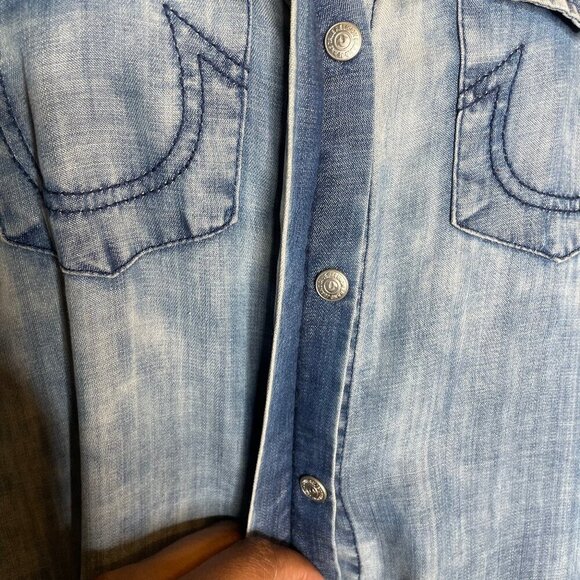 True Religion Womens Sleeveless Bleached Denim Chambray Georgia Dress Blue XS - Picture 6 of 9